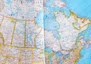 Map of North America centered on Hudson's Bay
showing much of the extent of the Laurentide Ice Sheet.